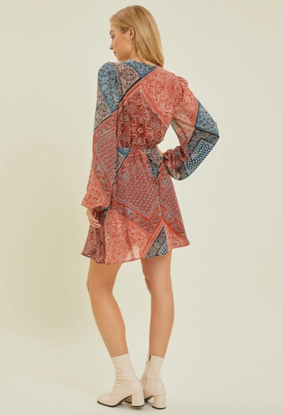 Scarf Printed Chiffon Wrap Dress