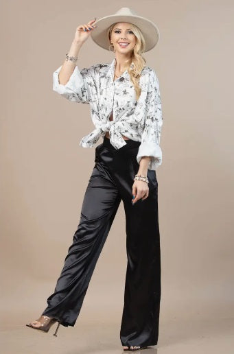 Western Satin Print Button Up Blouse