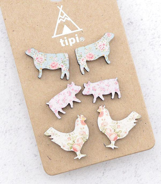 Farm Animal Wooden Earring Set