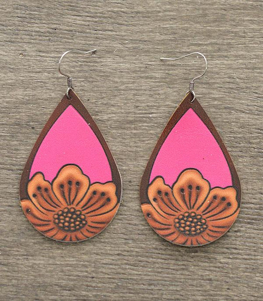 Pink Leather Teardrop Earrings